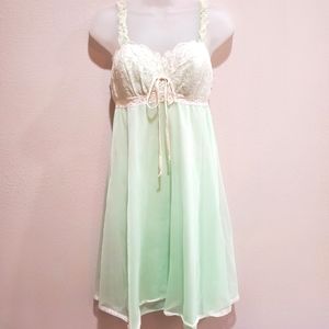 Vintage Mint Green Slip Nightgown Negligee 50's/60's Sheer Overlay